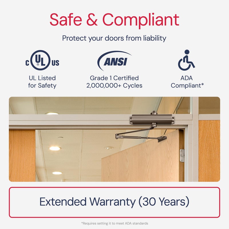 Lawrence Medium/Heavy Duty Door Closer Commercial Grade 1 - Surface-Mounted Commercial Automatic Door Closer with Adjustable 6-Speed Control and 3 Valves - Embassy Series LH5016 - Image 4